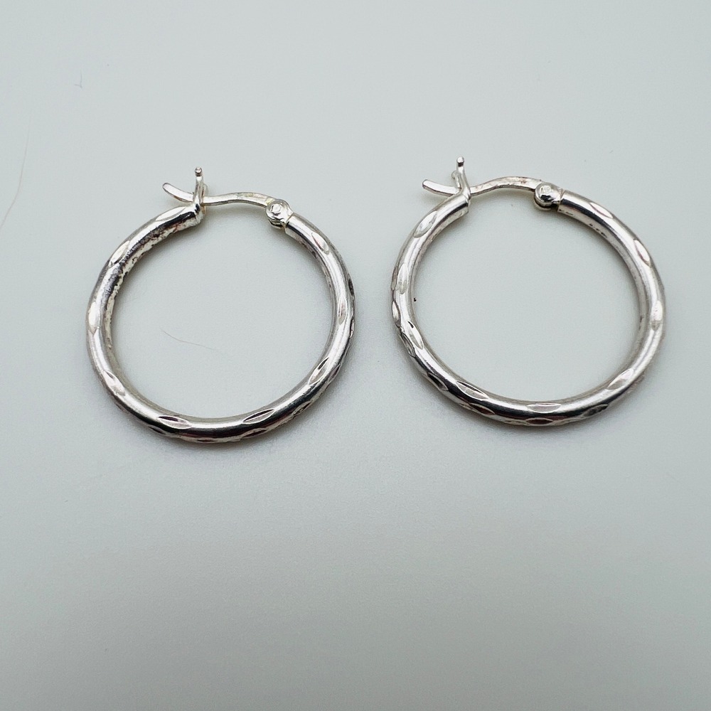 Sterling Silver Hoop Pierced Earrings Etched Hinged Classic Everyday Jewelry